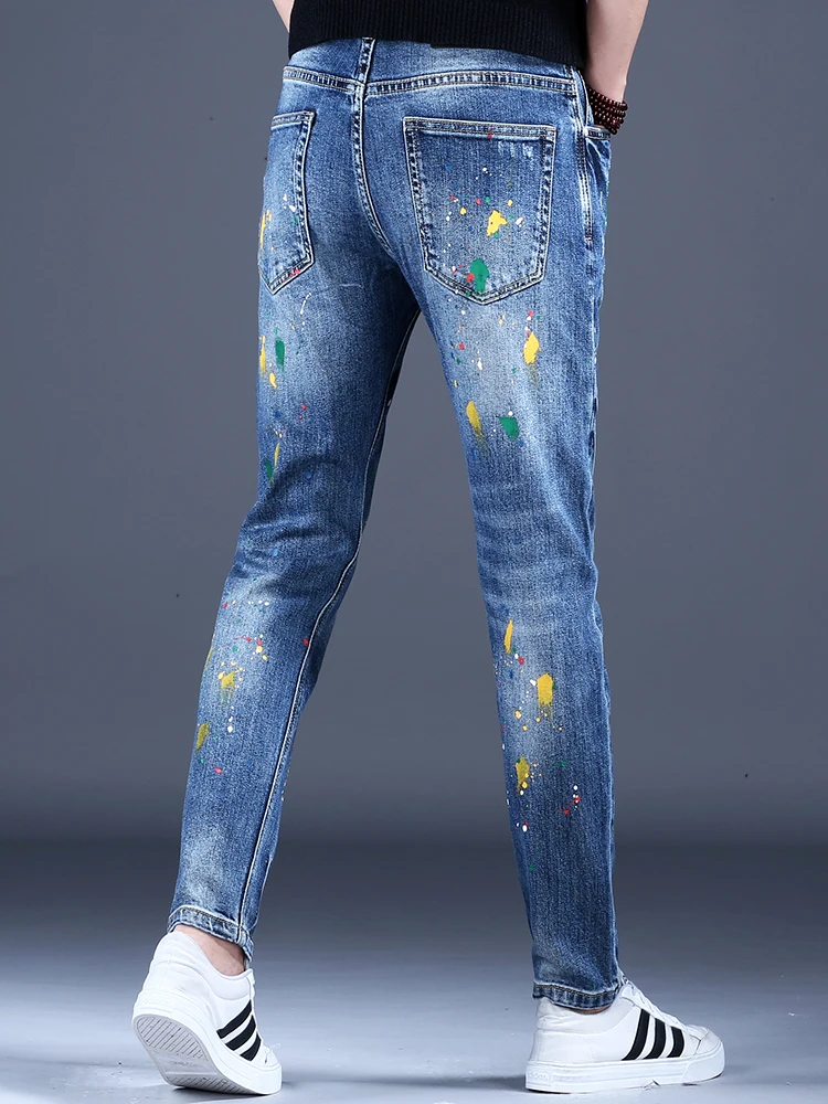 Summer Dots Printed Blue Ripped Jeans Men Casual Slim Fit Pencil Pants Streetwear Lightweight Denim Trousers