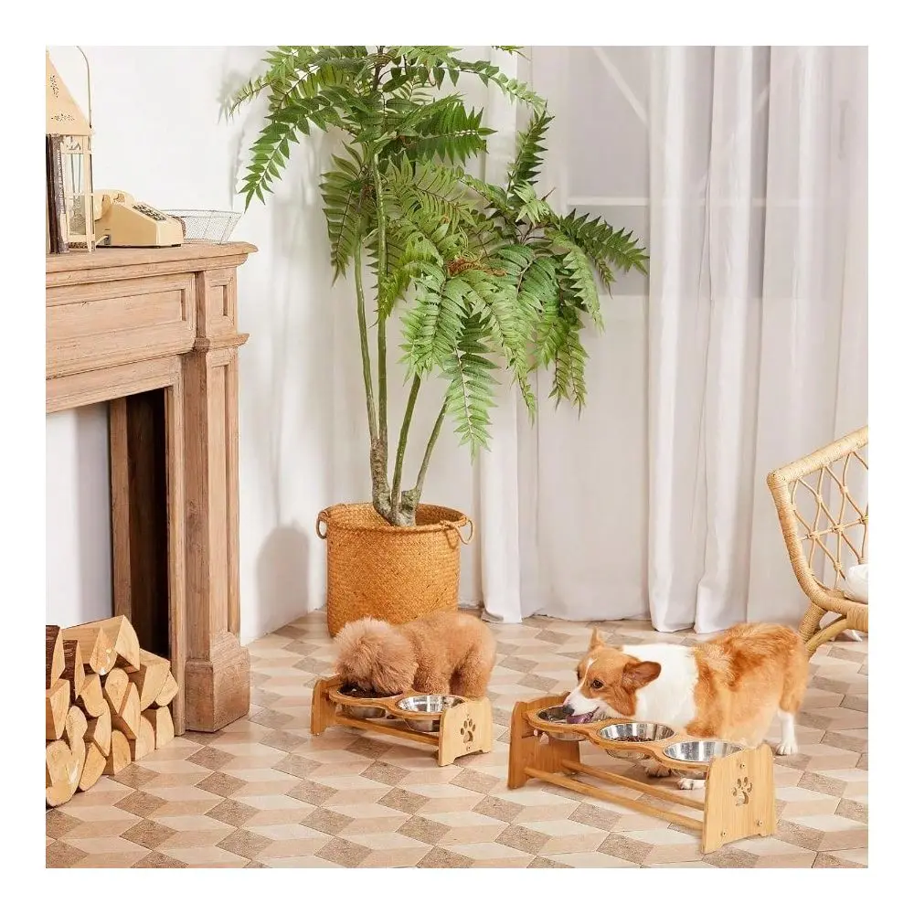 Adjustable Bamboo Raised Dog Bowl Set – Food & Water Stand 3