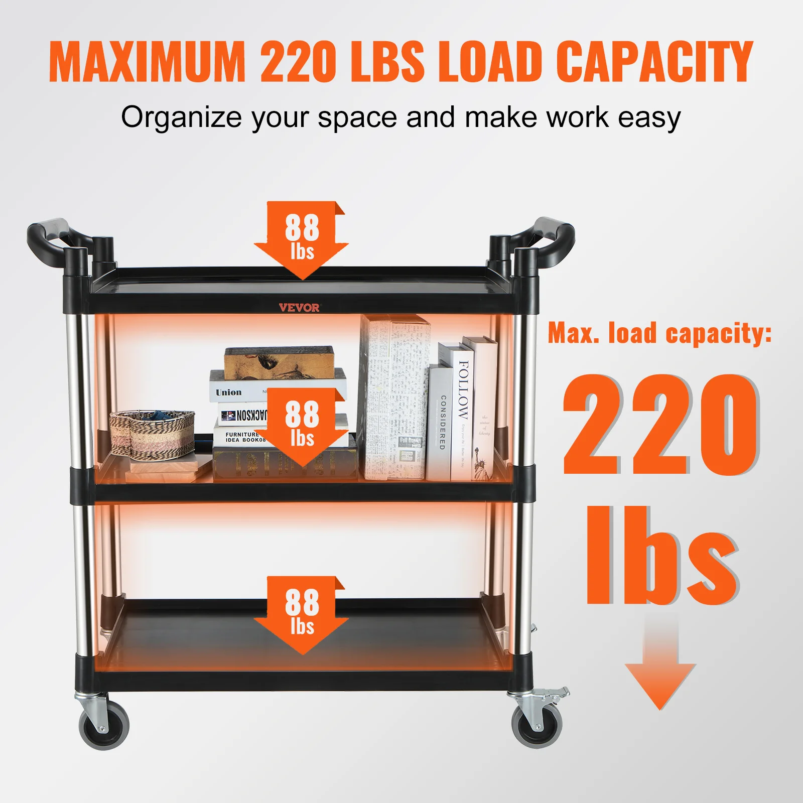 VEVOR Utility Service Cart 3 Shelf Heavy Duty 220LBS Food Service Cart Rolling Kitchen Storage Trolley with 4 Lockable Wheels 6
