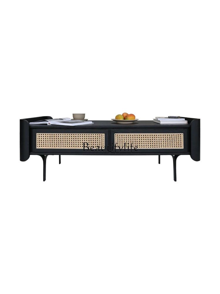 

Coffee Table Living Room Solid Wood Modern Minimalist American Black Rattan Tea Table Nordic TV Cabinet Tea Table