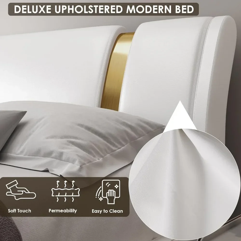 Modern Faux Leather Upholstered Platform Bed Frame with Golden Iron Metal Decor, No Box Spring Needed, Queen Size 4