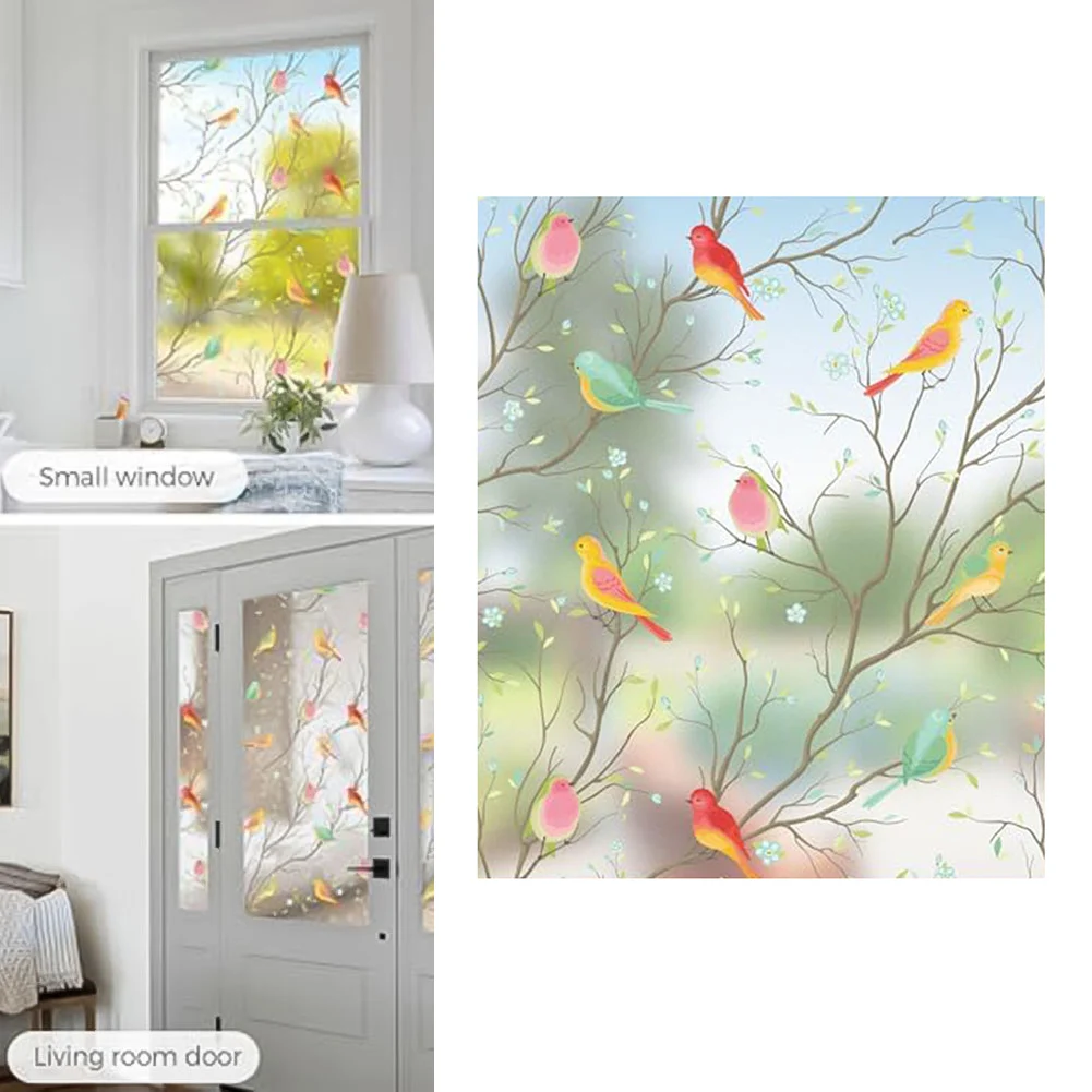 Translucent Window Film Decorative Stained Glass Window Film Bird Patterned Privacy 45*300cm Sun Blocking
