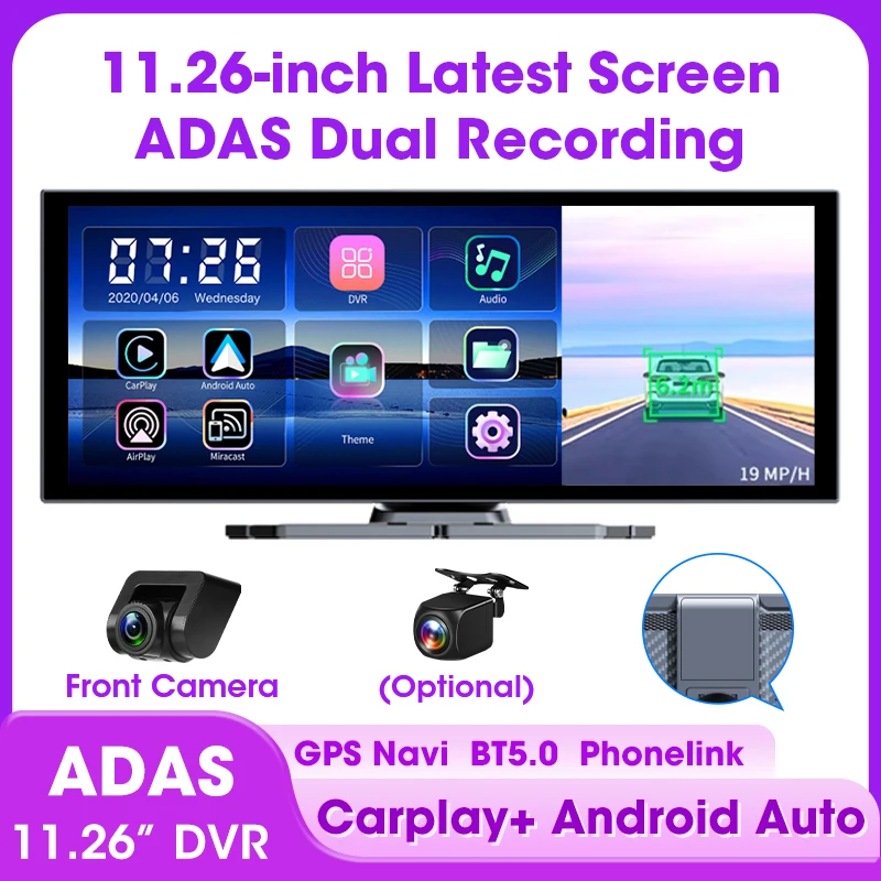 10/11.26インチ ダッシュカム 4K ADAS ワイヤレス CarPlay & Android