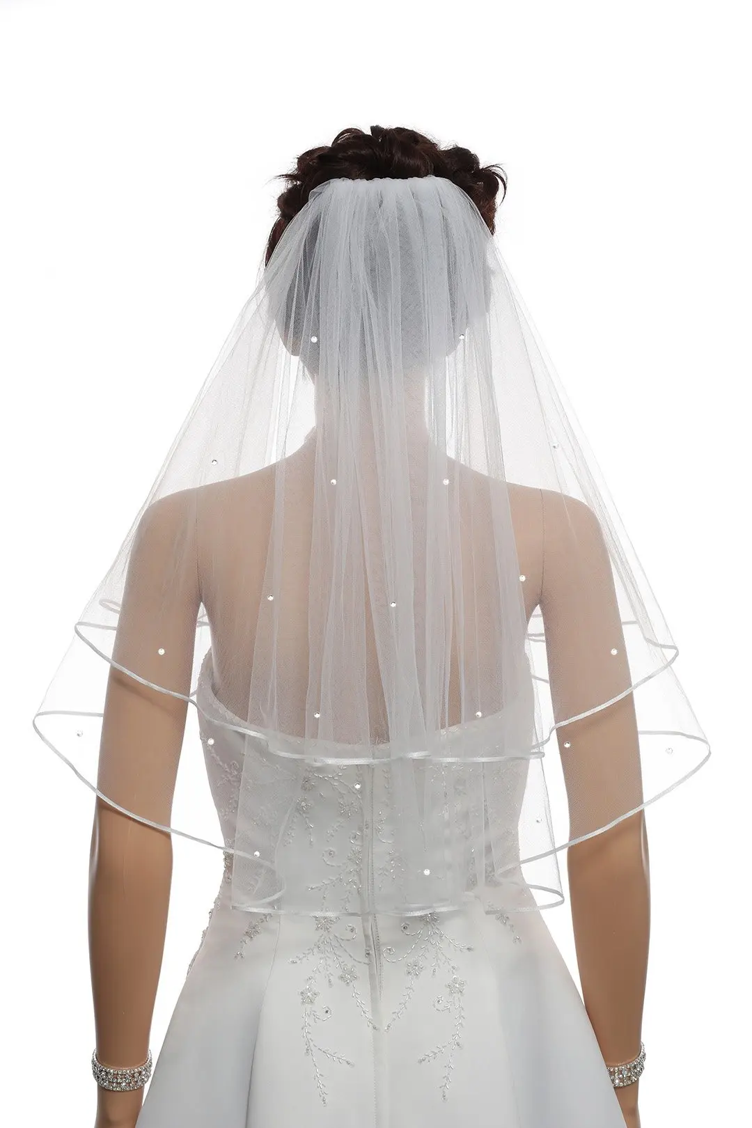 2T 2 Tier Ribbon Edge Center Gathered Beaded Bridal Veil bridal veil