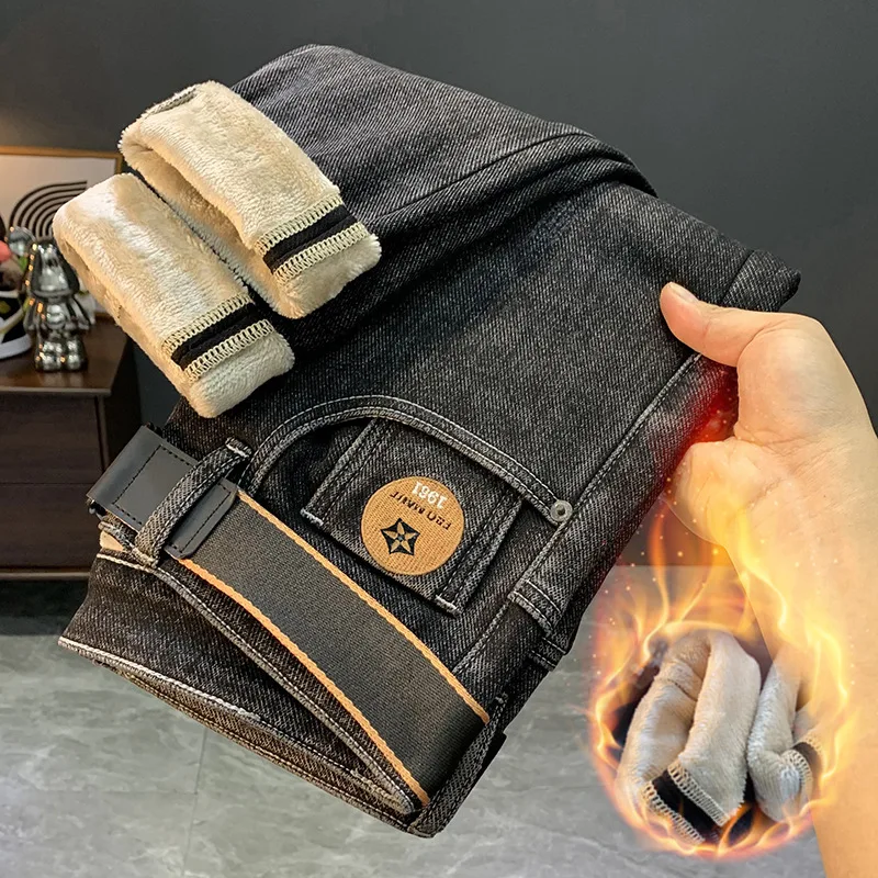 Cashmere Fleece-lined Thick Jeans Men's Winter Warm and Trendy Micro Baggy Straight Trousers Fashion Men's Trousers 3