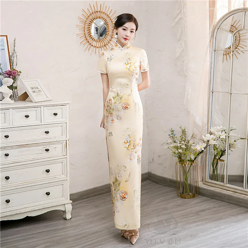 

Женское длинное платье в китайском стиле, винтажное платье Ципао на подкладке, вечернее платье с коротким рукавом, 2 цвета