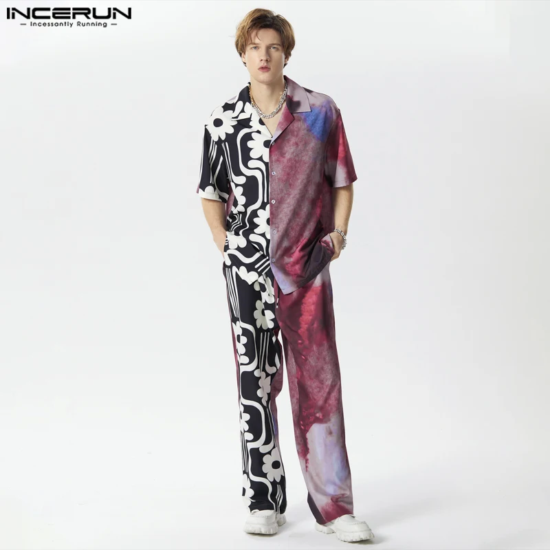 

INCERUN 2024, мужские комплекты в американском стиле, индивидуальные рубашки с коротким рукавом и принтом, брюки, повседневные мужские комплекты из двух предметов