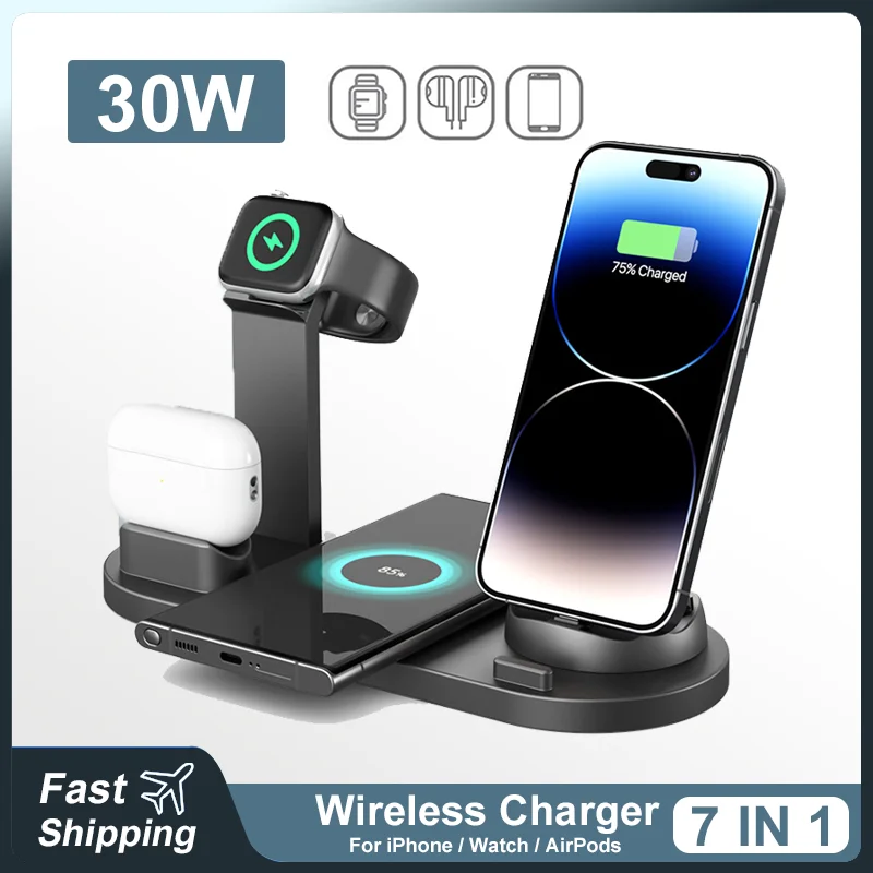 PD 30W 7 in 1 Super Fast Charger For Apple iPhone 16 15 14 13 Pro Max For Apple Watch S10 S9 AirPods Pro USB C Charging Station
