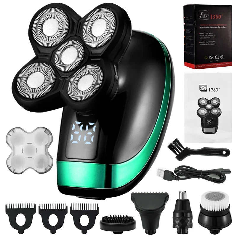 5 in 1 Rechargeable Electric Shaver Five Floating Heads Razors Hair Clipper Nose Ear Hair Trimmer Men Facial Cleaning Brush Box