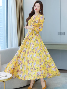 Alternative view of Yellow Floral Dresses For Women Korean Party Casual Beach Chiffon Formal Maxi Elegant Spring Summer Long Sleeve Evening Dress