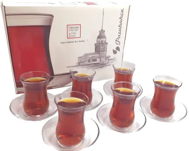 Turkish Tea Cup Set, Traditional Tea Glasses and Saucers Set, 4.5 oz, 6  Glasses and 6 Saucers.