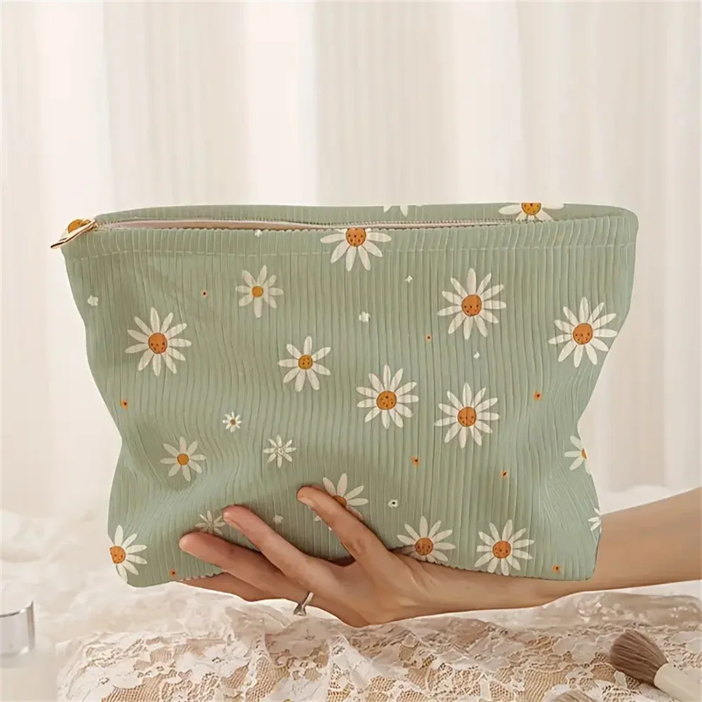 Floral Printed Corduroy Makeup Bag Black Lightweight Zipper Makeup Storage Box Multifunctional Cosmetic Bag With Lining