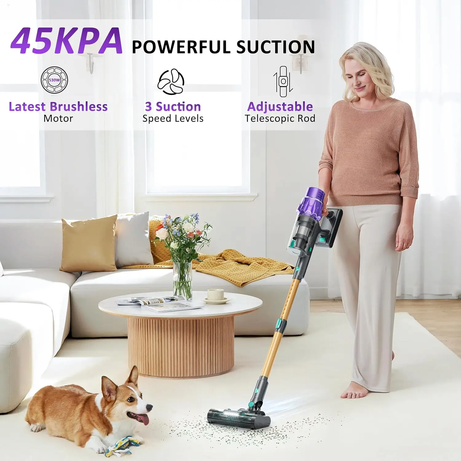 Cordless Vacuum Cleaner, Vacuum Cleaners for Home 560W 45Kpa Powerful Suction with LED Touch Display, Rechargeable Stick Vacuum 2