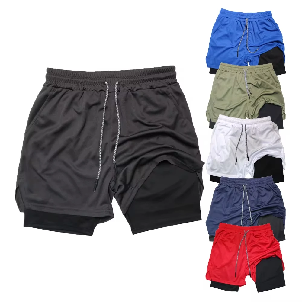 Men's Double Layer Fitness Shorts Men Fitness Gym Training 2 in 1 Sports Shorts Quick Dry Workout Jogging Double Deck Summer 1