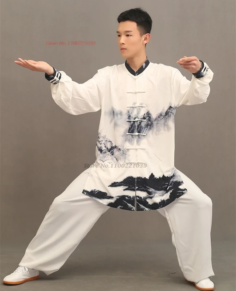 2024 Cinese Vintage Tai Chi Wushu Martail Arts Uniforme Paesaggio Stampa Top + Pantaloni Set Kung Fu Tai Chi Abbigliamento Da Allenamento