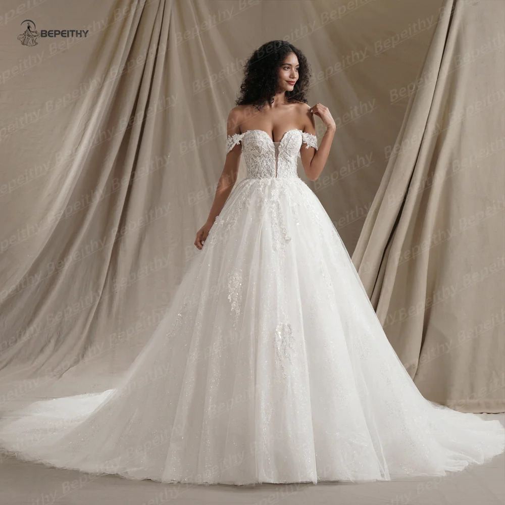 BEPEITHY Customized Sweetheart Glitter Princess Wedding Dresses For Women 2024 Off Shoulder Ivory Bride Sleeveless Bridal Gown 3