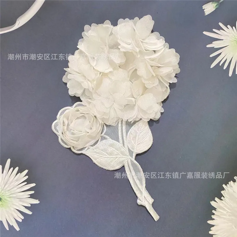 5Pieces Large Organza Handmade 3D White Flower Machine Embroidery Chiffon Flower Ball Flower Patch Clothing Accessories