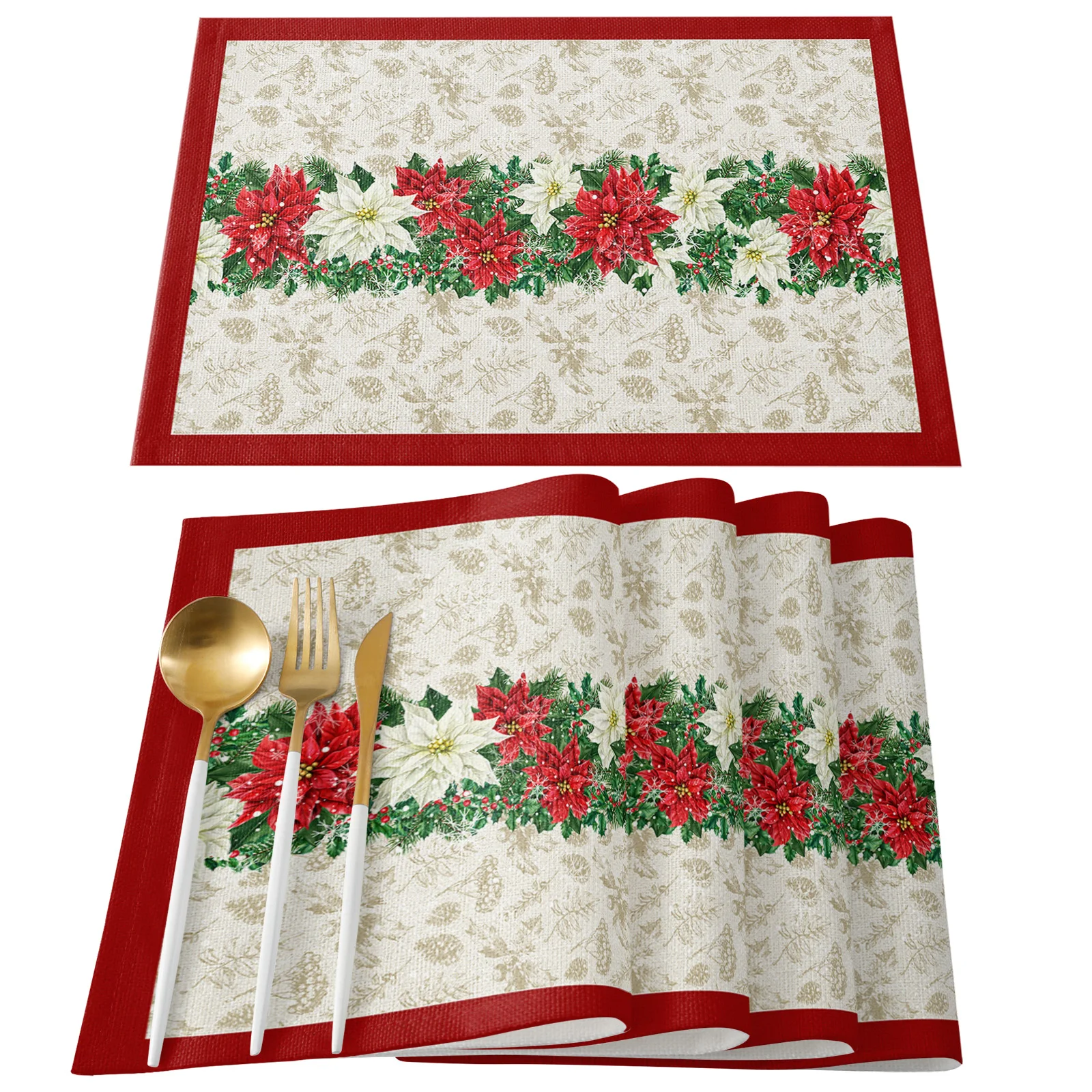 4/6 Pcs Placemat Christmas Poinsettia Berries Kitchen Placemat