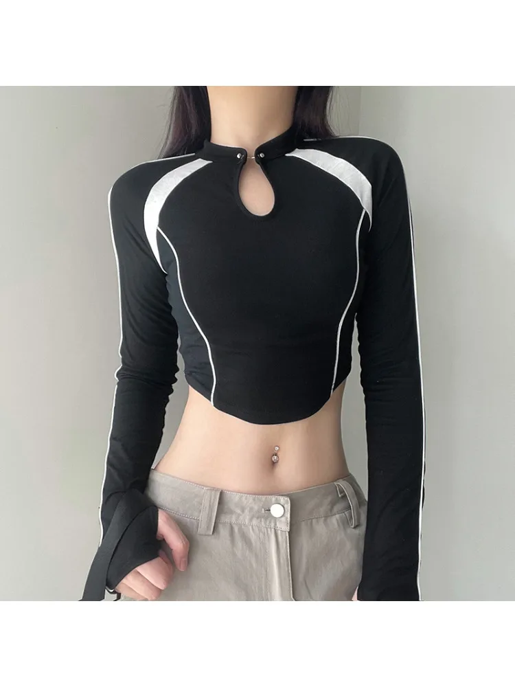 

Укороченный топ в байкерском стиле Harajuku Y2K, осенняя ажурная полосатая Лоскутная облегающая футболка с длинным рукавом, пикантная уличная одежда 90-х годов, новинка 2024