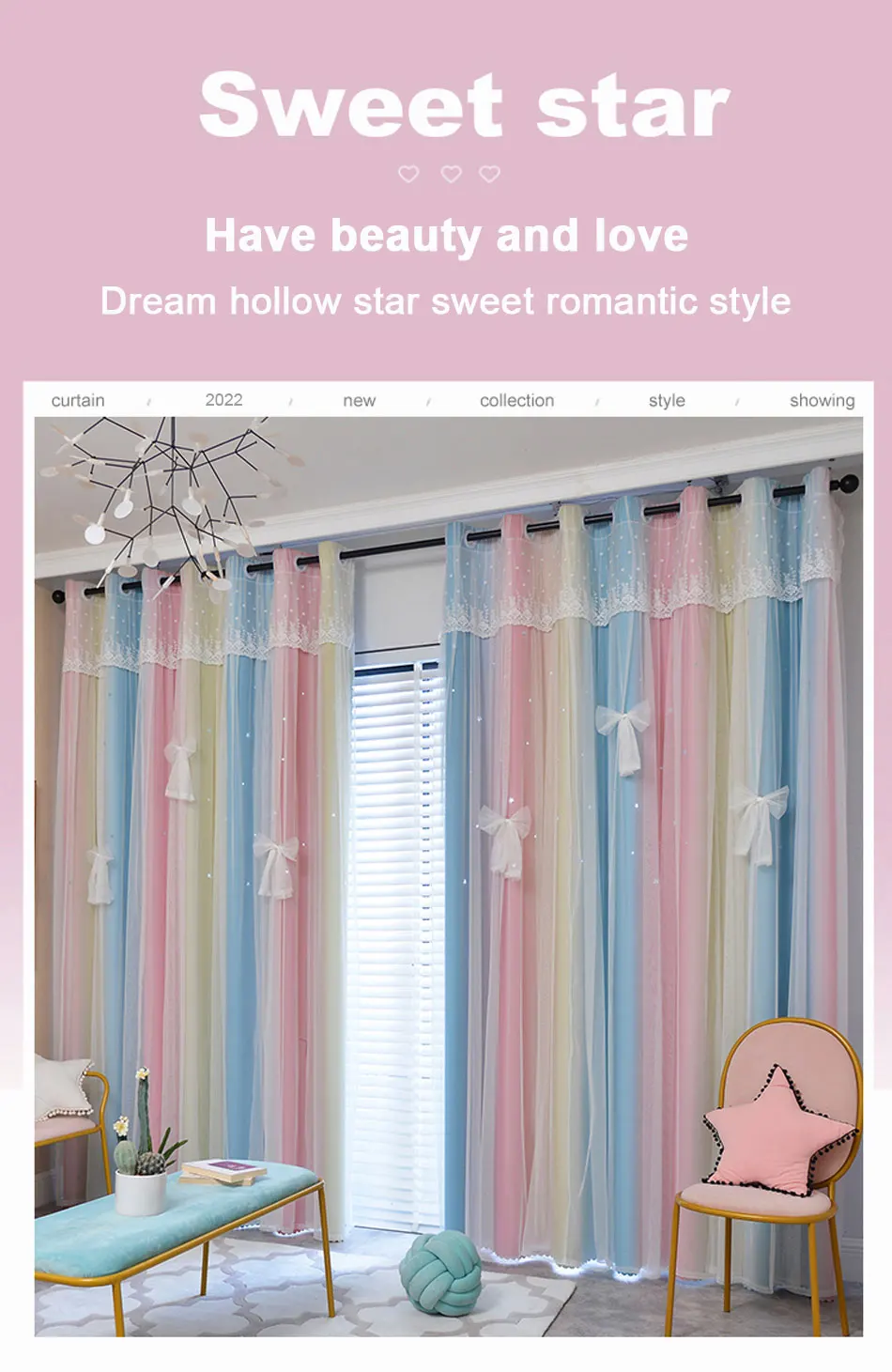 MIDSUM Bedroom Curtains Cloth Tulle Double Layer Drapes Hollow Star Decoration Window Blue Pink Gradient Curtain For Living Room