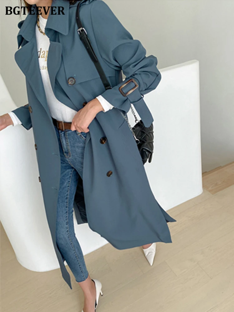 

BGTEEVER Casual Lapel Double Breasted Trench Coat Women Long Sleeve Belted Loose Female Windbreaker Autumn Winter Overcoat Femme