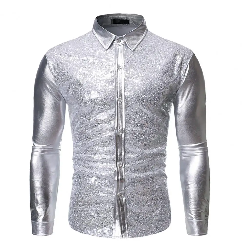 

Lapel Long Sleeve Single-breasted Slim Fit Stage Shirt Men Shining Sequins Stage Show Shirt Streetwear