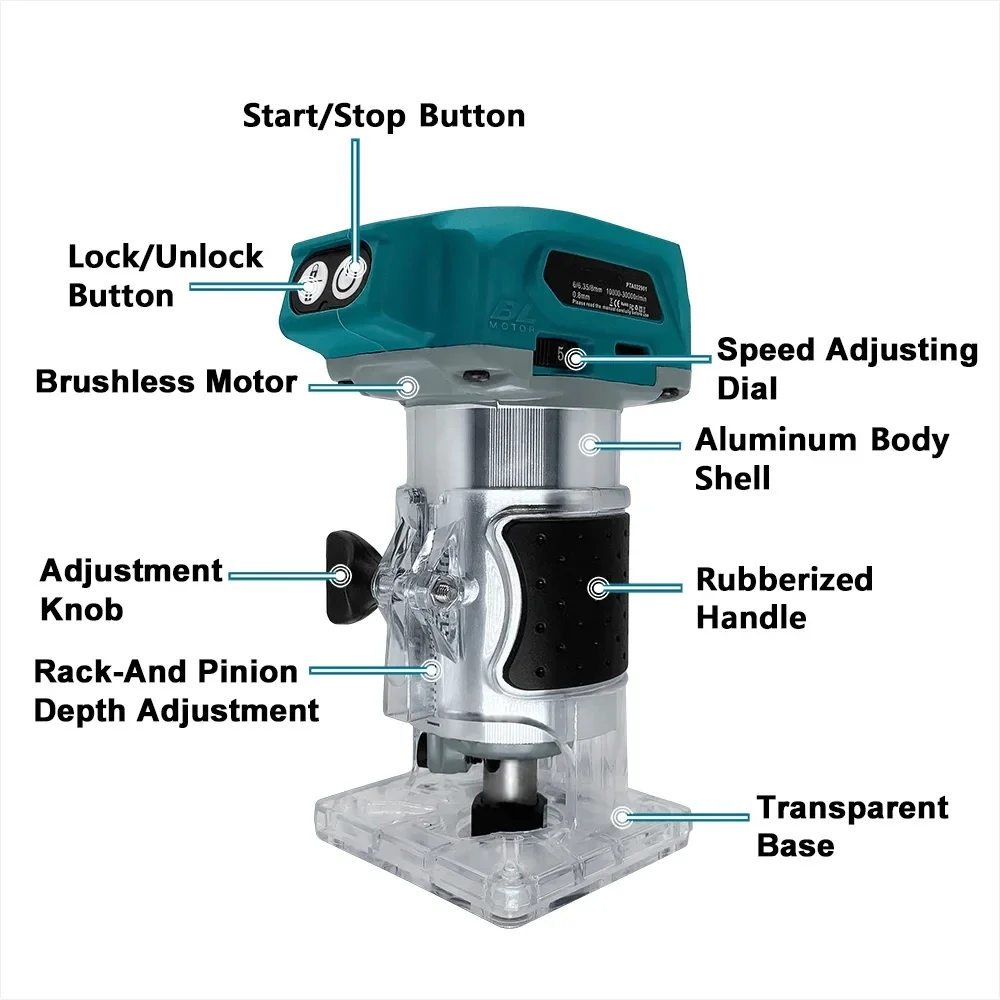 Wood Router Plunge Router 5 Speeds Brushless Electric Trimmer Handheld Milling Engraving Slotting Power Tools for Makita 18V Battery
