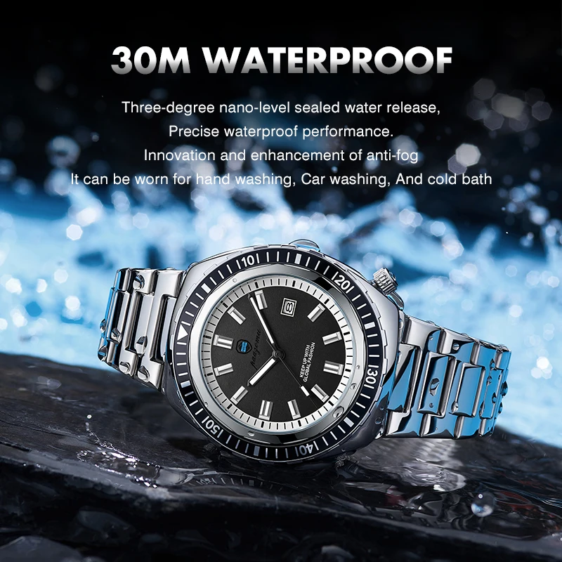 Montre homme de luxe, style business, date, jour de la semaine, étanche, lumineuse, bracelet sport en acier inoxydable, mouvement à quartz._voghion.com