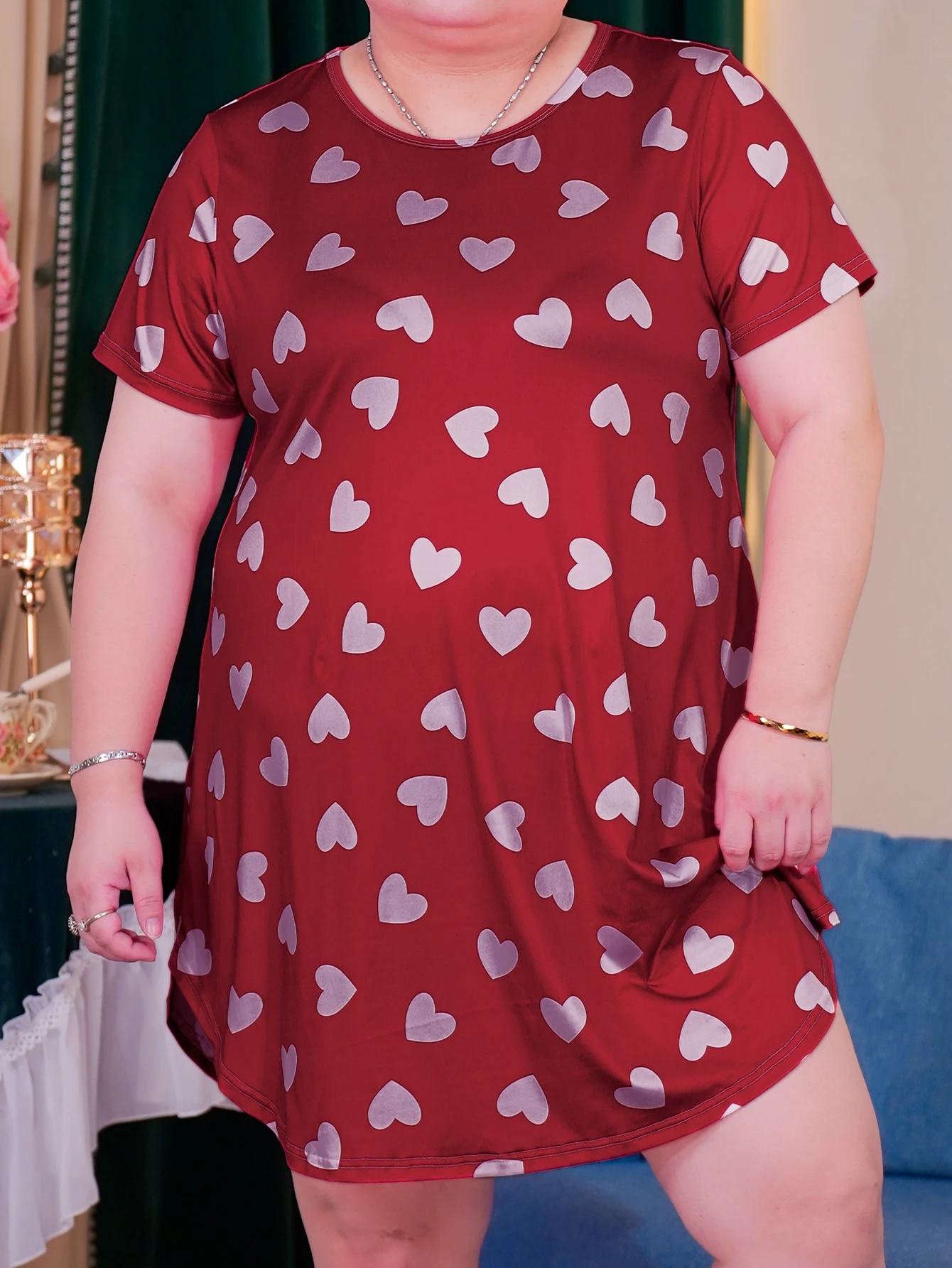 Casual wear dress, plus size dress, home dress, milk silk material, 2024 new pajama dress, love pattern design