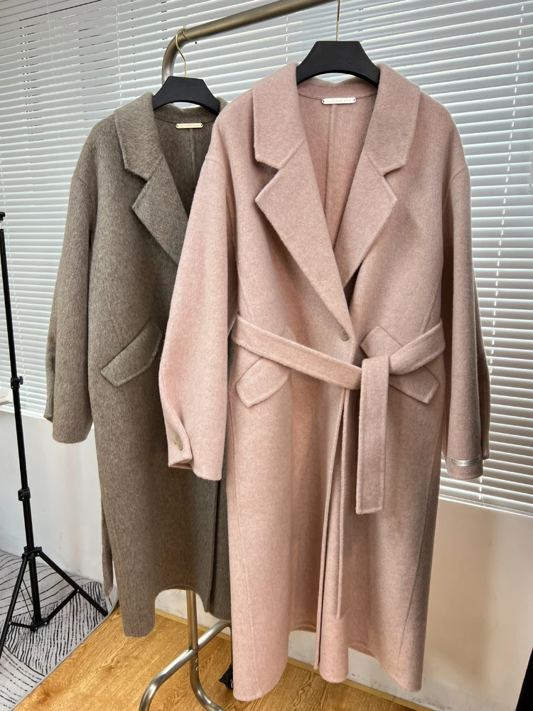 Casual Double-sided Wool Cashmere Coat Women Fashion Long Turn-down Collar Belt Wool Coat Lady Loose Tweed Jacket Autumn Winter amii women s double sided woolen short coat 2023 winter office lady crop jackets round neck wool wave open stitch tops 12344118