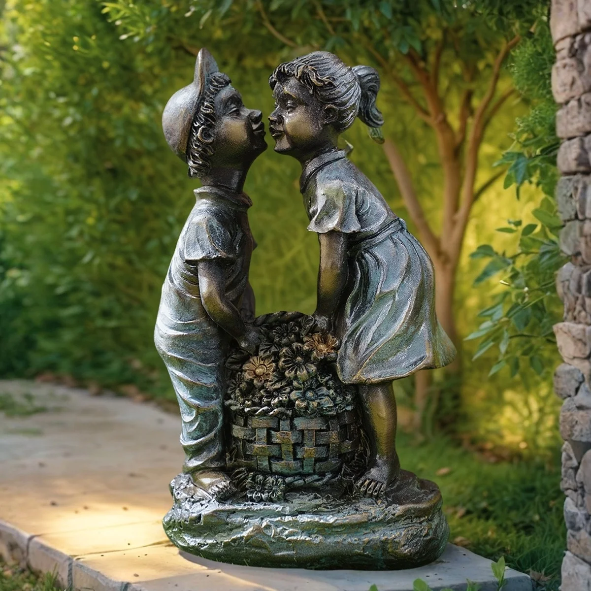 1PC, boy and girl statues, luminous flowing water garden sculptures, resin sculptures, yard garden sculptures and decorations
