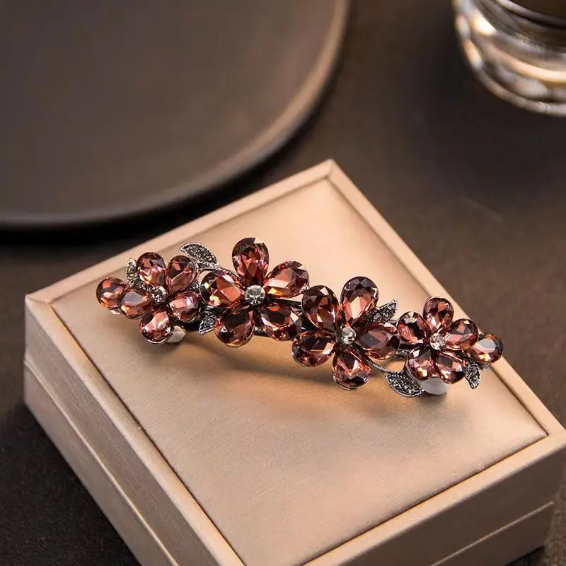 Korean Crystal Flower Spring Hair Clip Vintage Rhinestone Horizontal Clip Top Elegant Mom Fashion Hair Accessories hair clip