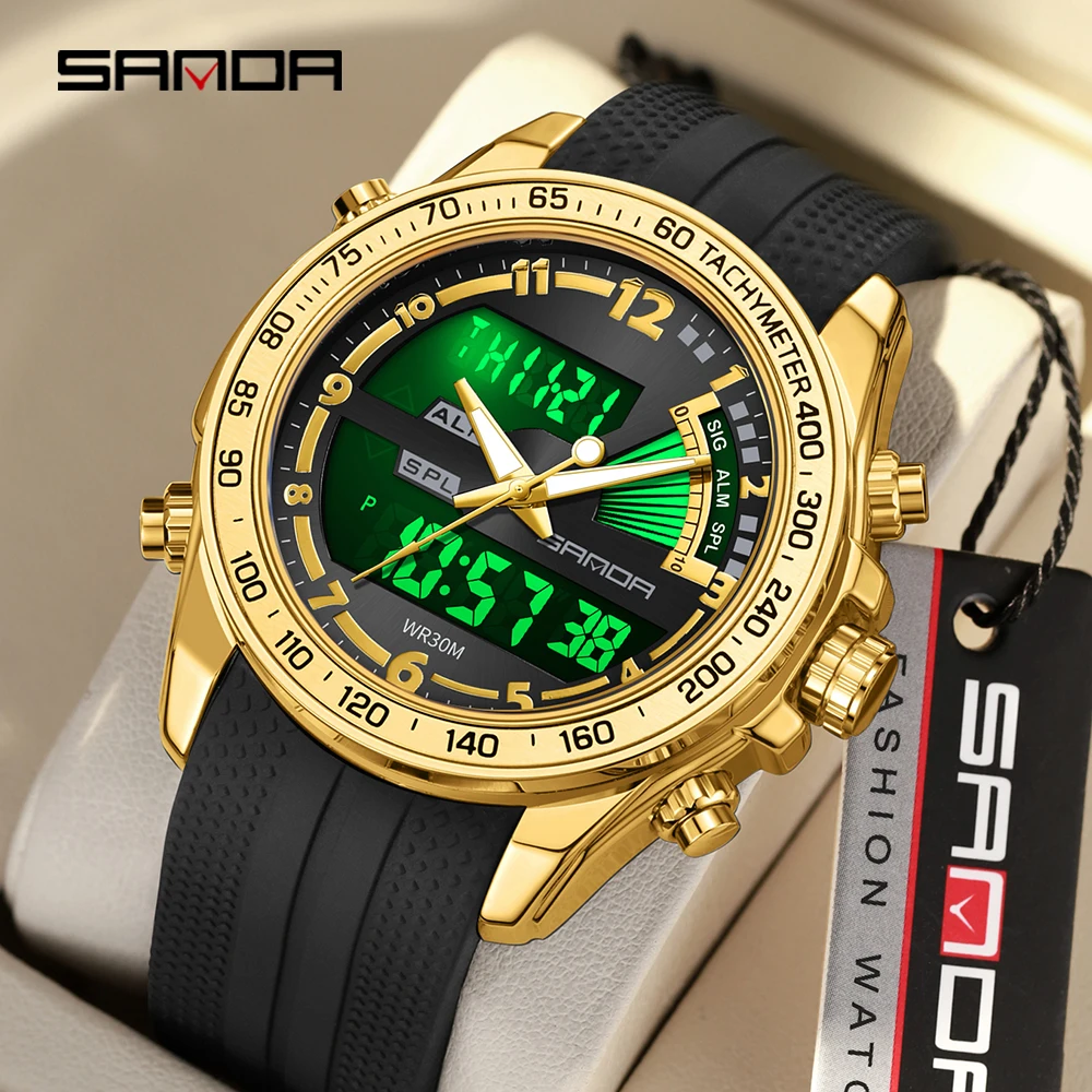 

SANDA 3307 Men Watch Fashion Elegant Multifunctional Business Round Electronic Quartz Dual Display Stainless Steel Strap Watches