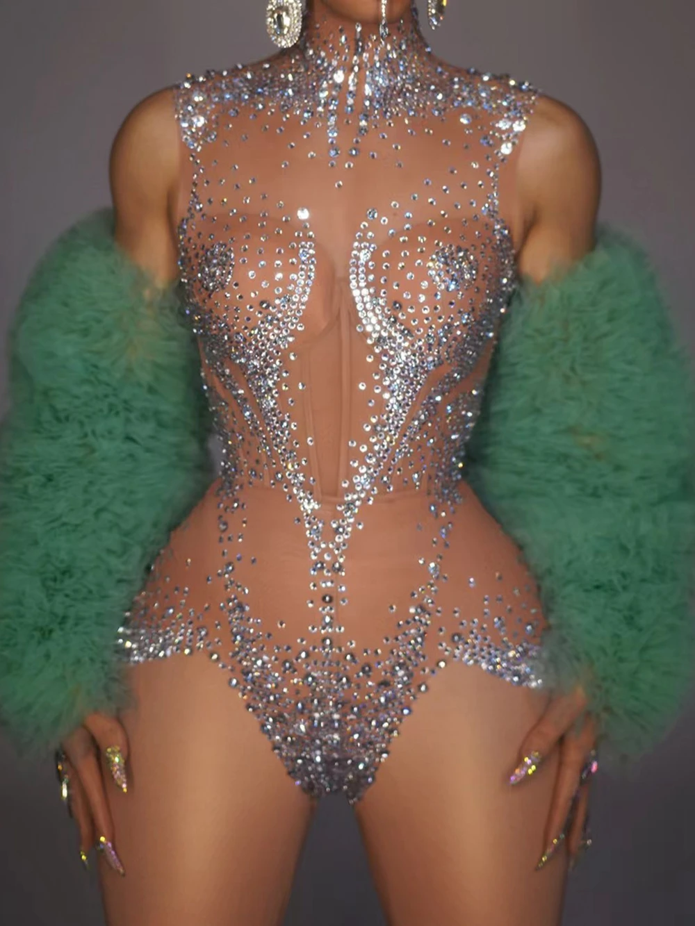 Sparkly Rhinestones Sexy See Through Blackless Two Pieces Set Women Luxury Birthday Outfit Evening Party Stage Perform Outfit