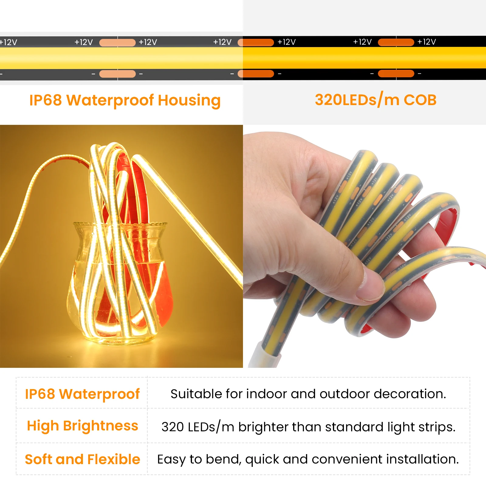 12V 24V COB LED Strip Light DC 320LEDs/M High Density Flexible IP68 Waterproof Outdoor COB Saaf8cb1b0f4d4617a19570bd5d0481124