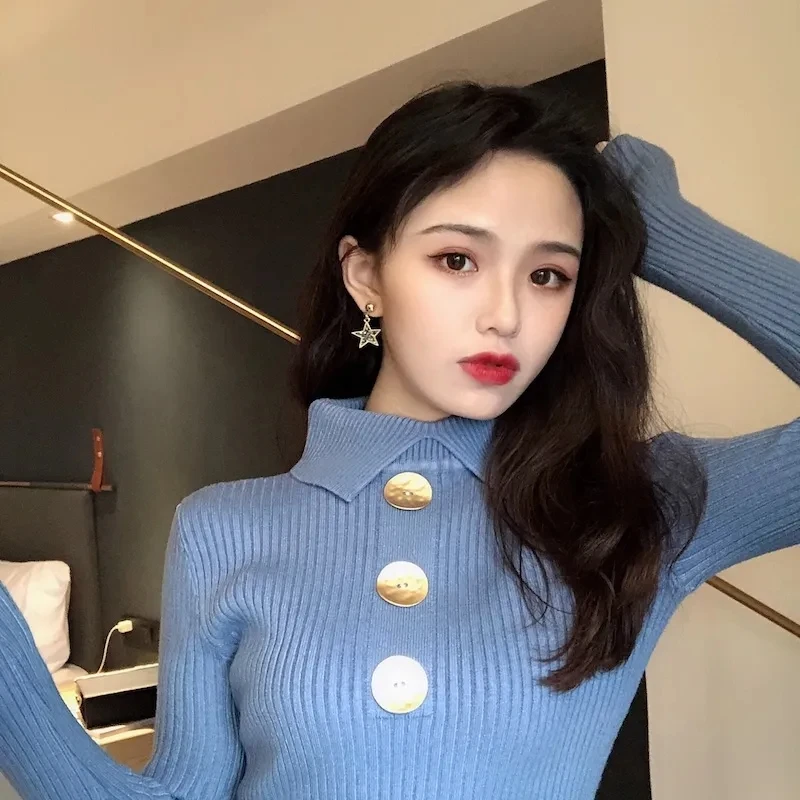 

Thickened core yarn lapel knitwear long sleeve autumn and winter women's Korean version are suitable for slim-fit pullovers