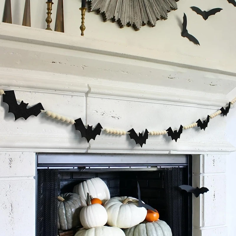 

Halloween Wooden Beads Garland Banner Felt Bats Hanging Pendant Ornaments Halloween Party Decorations for Home Fireplace 2023