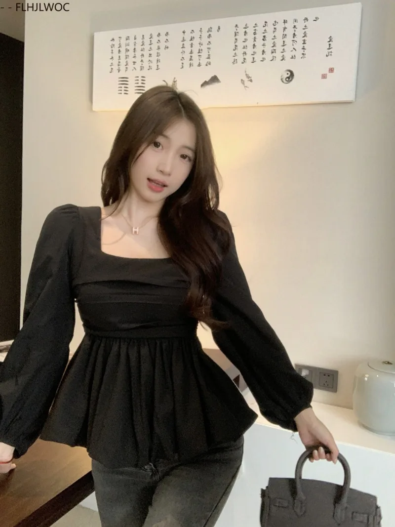 Belly Tunic Peplum Tops Blouses New Design Women Long Sleeve Casual Chic Korea Slim Fitted Black White Basics Shirts