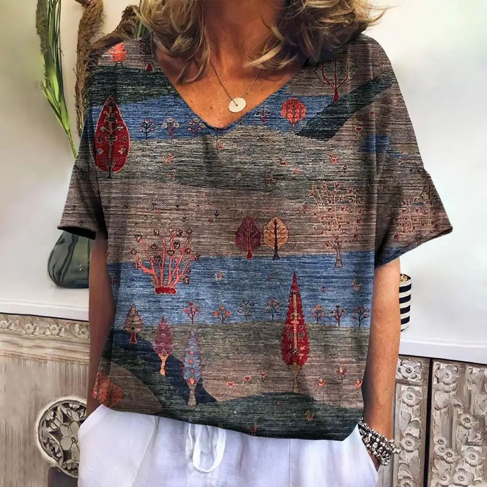 T-Shirt Estiva Da Donna Con Scollo A V Paesaggio T-Shirt Da Donna Moda Manica Corta Top Retrò Streetwear Abbigliamento Moda Donna Casual