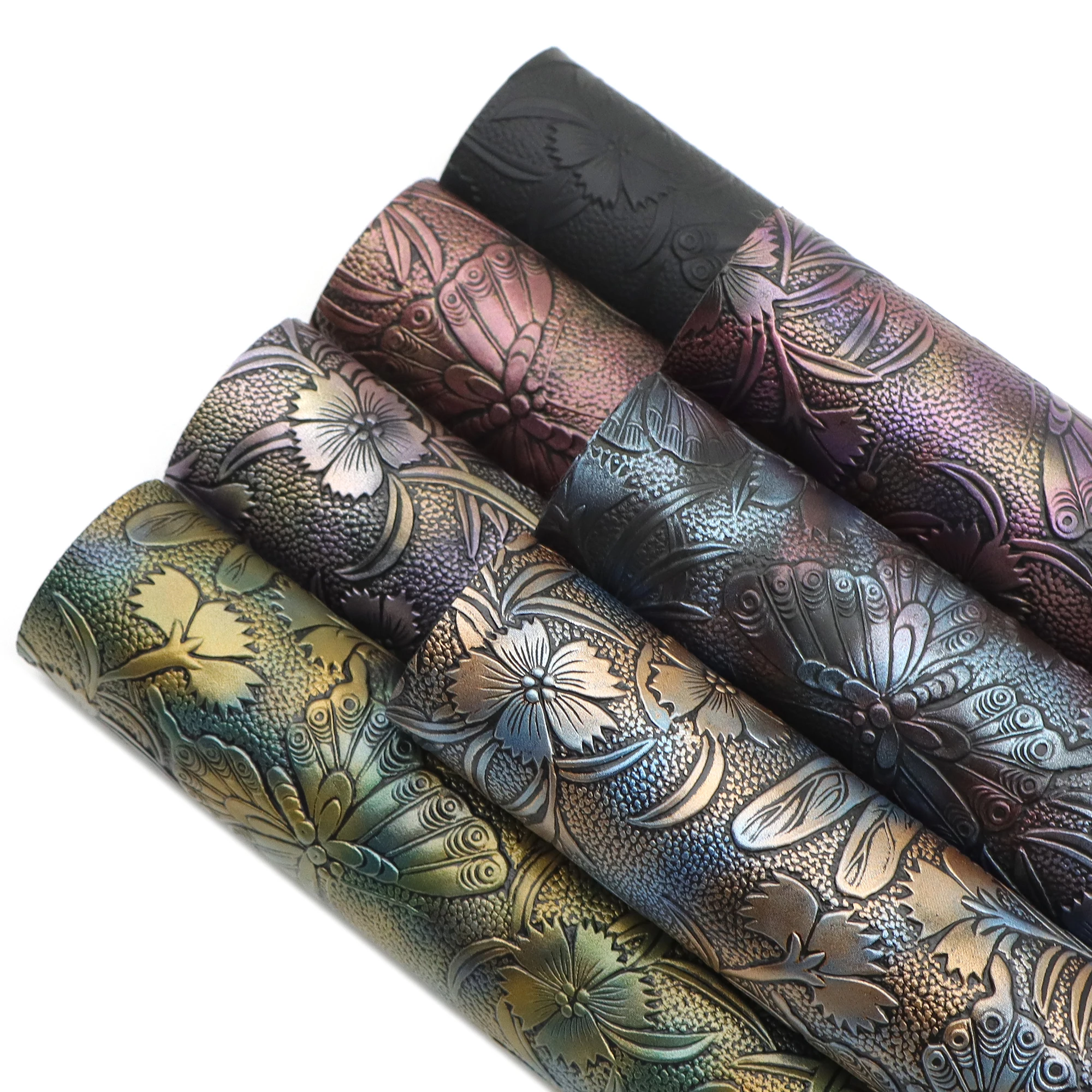Metallic Color Flower  Faux Leather Sheets Dragonfly Flower Synthetic Leather Fabric Roll For DIY Earrings Bags Bows