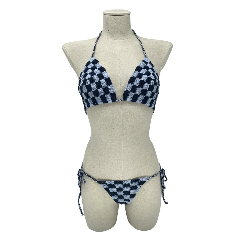 2022 Women's Sexy Lace up Swimwear Crochet Checkered Sport Bikinis