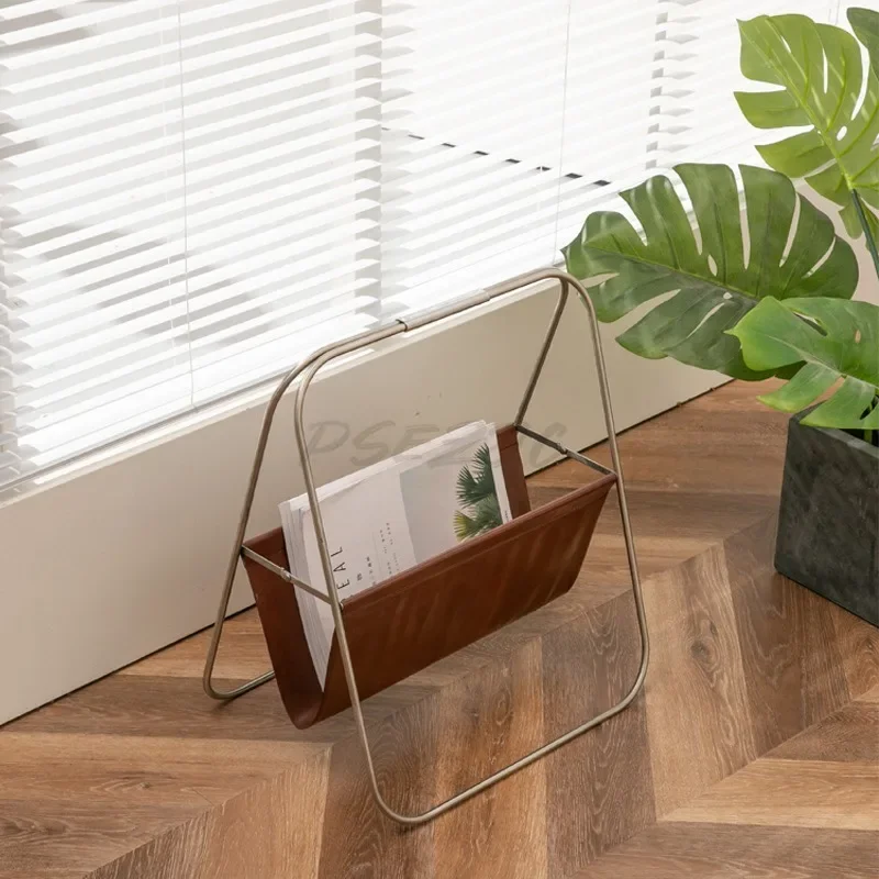 Simple Stainless Steel Leather Book and Newspaper Storage Rack Household Storage Rack Newspaper and Magazine