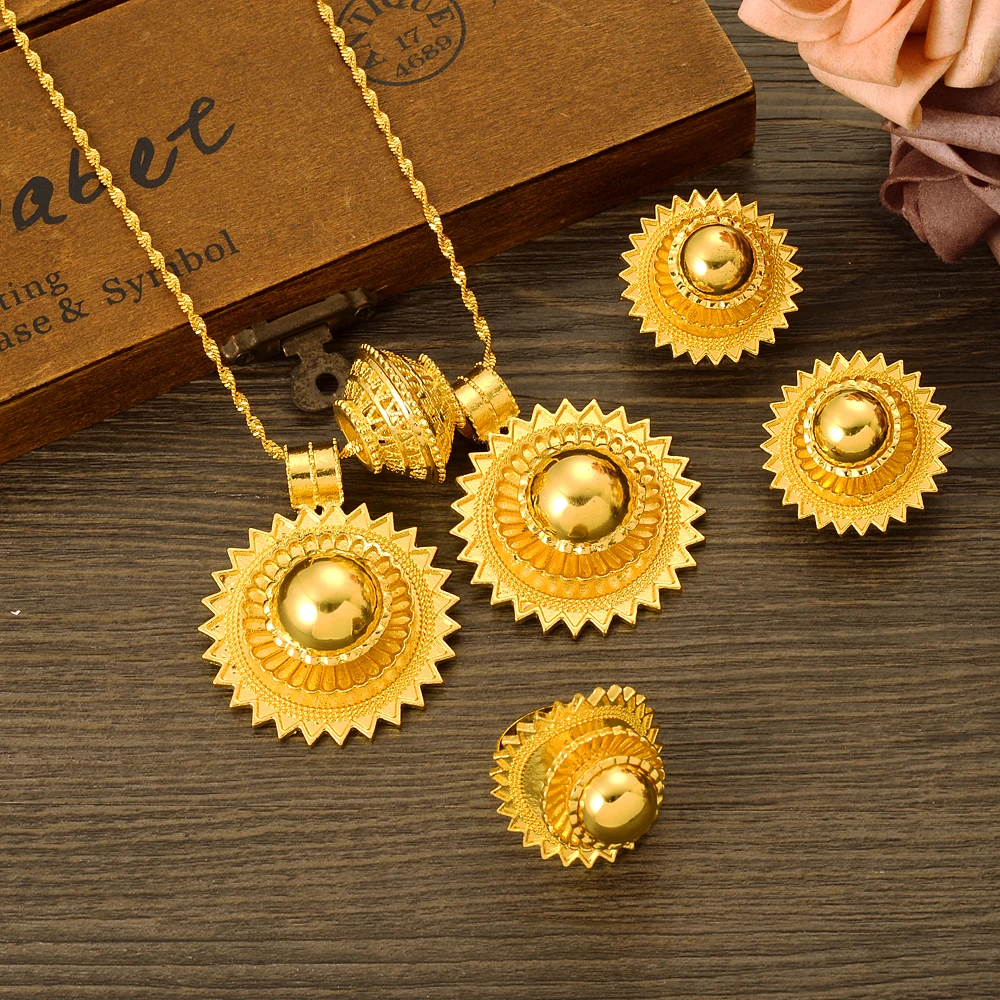 Ethiopian Geometry Round Big Pendant Earrings Jewelry Sets 24K Gold Color African Wedding Bridal Women Habesha Party Gifts - Image 4