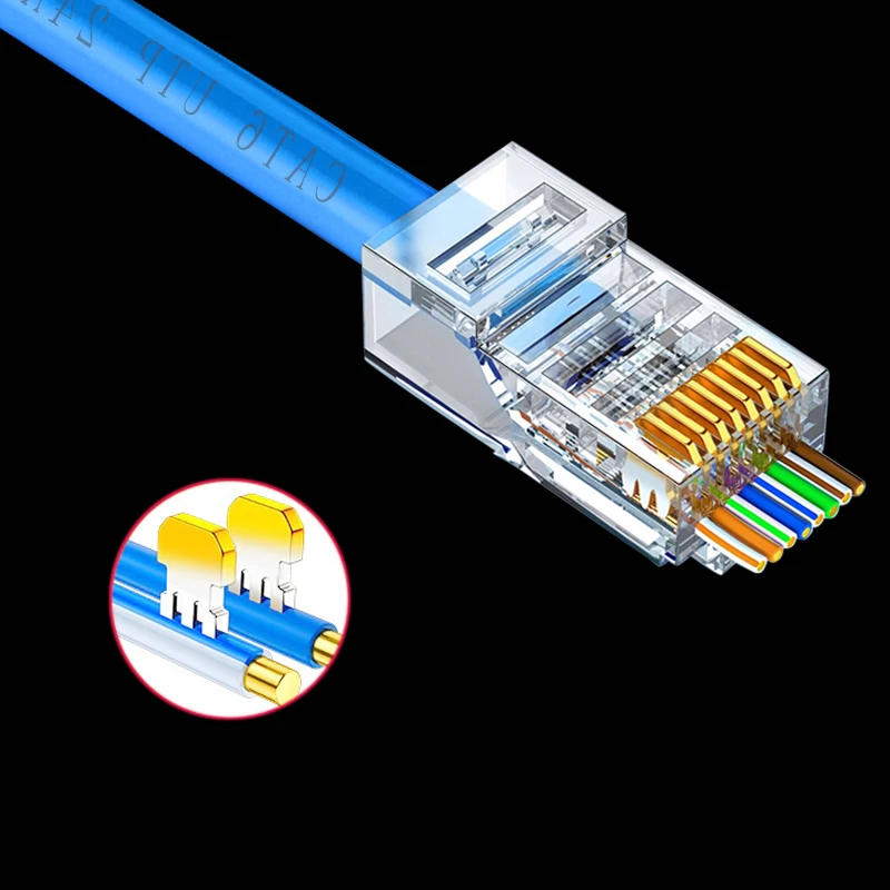 Ethernet Network Plug COMNEN CAT5E RJ45 Modular Plug Connector UTP Pass Through RJ45 Ethernet Connectors Crystal End Gold-Plated 8P8C Crimp Ethernet