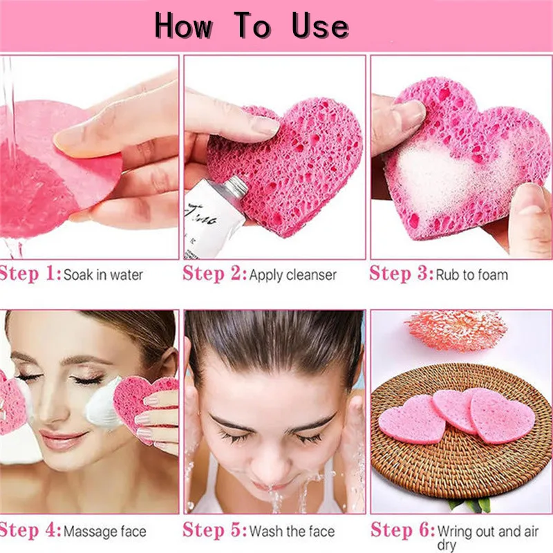 5/10/50/100PCS 하트 모양 재사용 가능한 페이셜 스폰지 패드 압축 천연 페이셜 클렌징 패드 클렌징을 위해 각질 제거