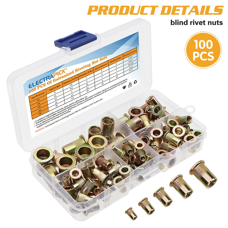 210/165/100PCS Carbon steel Rivet Nuts M4 M5 M6 M8 M10 M12 Flat Head Rivet Nuts Set Insert Reveting Multi Size Collocation