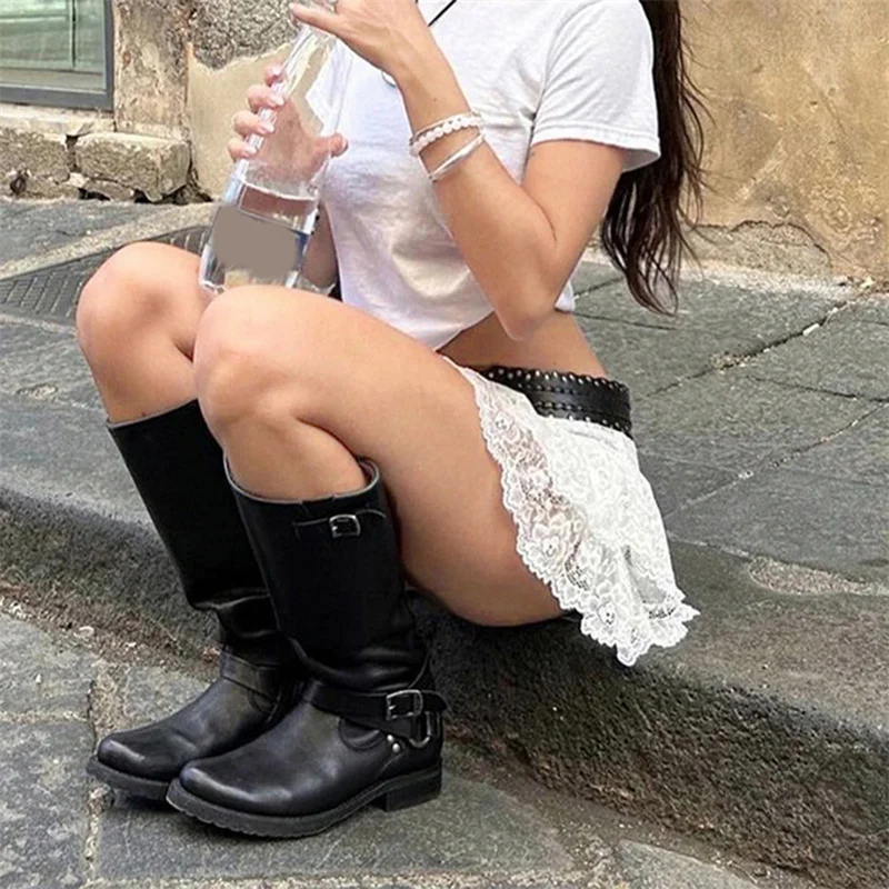 Falda de encaje Y2K para mujer, ropa Fairycore, falda elástica de cintura baja con capas, faldas Lolita Kawaii, ropa de calle de los años 2000
