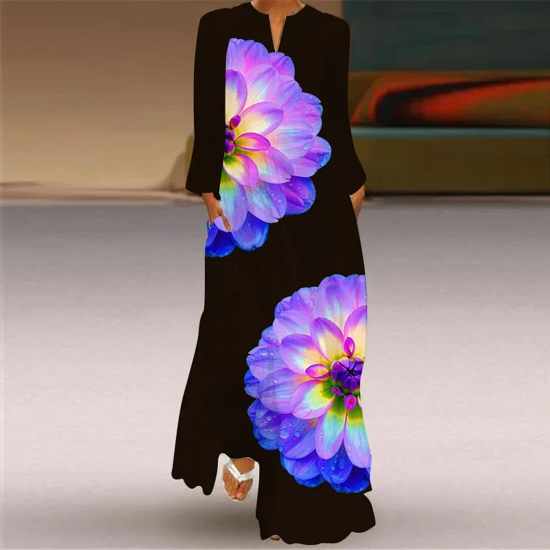 

Women's V-neck long dress Women's V-neck spring long sleeved dress Women's party beach print retro elegant dress