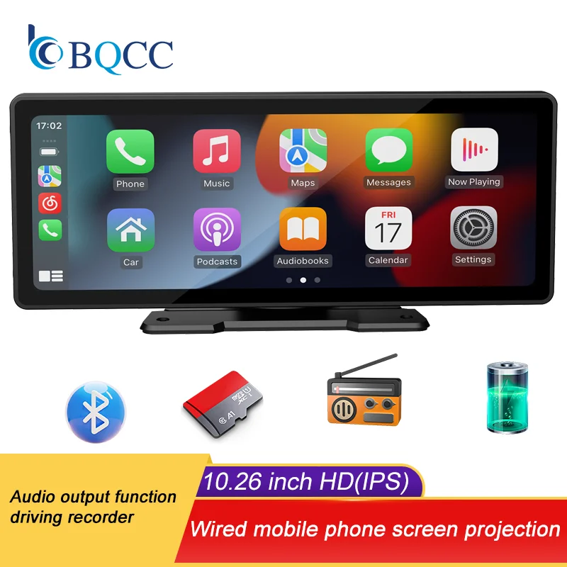 BQCC 10.26 Inch Portable Wireless Carplay Screen HD Rear Reversing Camera Car Radio DVR MP5 Multimedia Video Player Android Auto