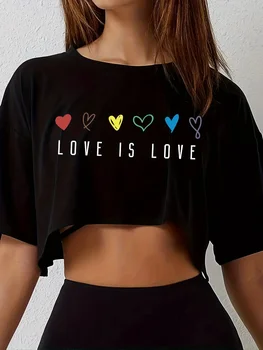 Womens Vibrant Pride Crop Top T-Shirt - Short Length Casual Loose Fit Breathable Medium Stretch Polyester Colorful Heart 1